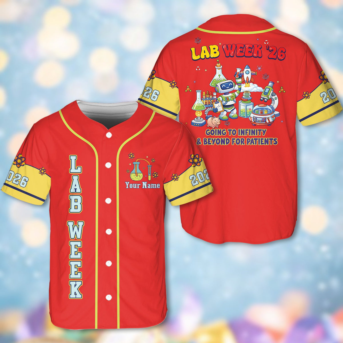 Red lab week baseball jersey displaying custom name and robot graphics