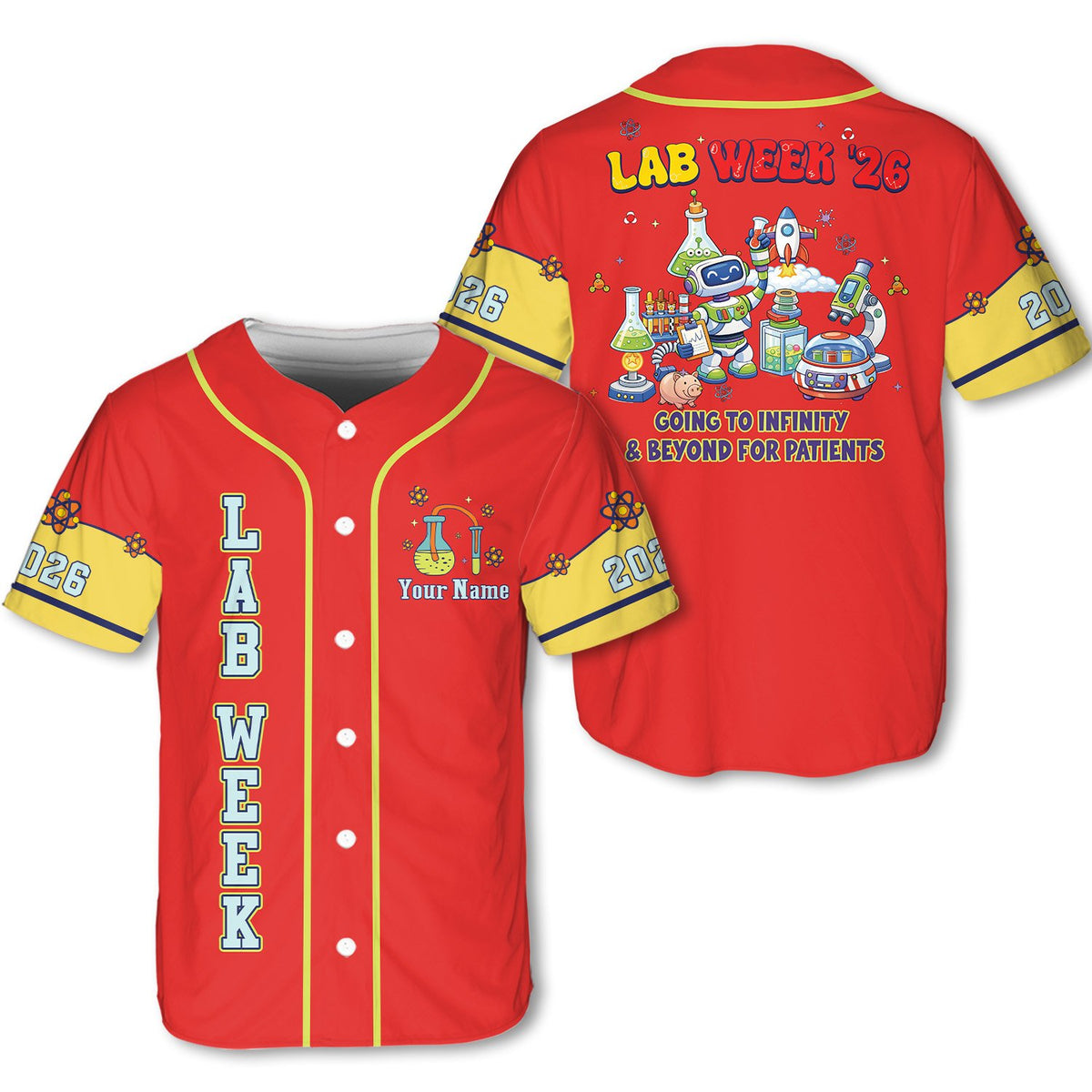 Red personalized baseball jersey with rocket and test tube design on front