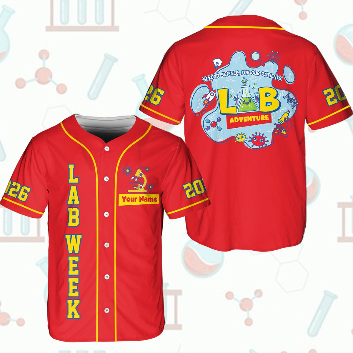 Personalized red lab week baseball jersey with microscope and atom graphics, front view