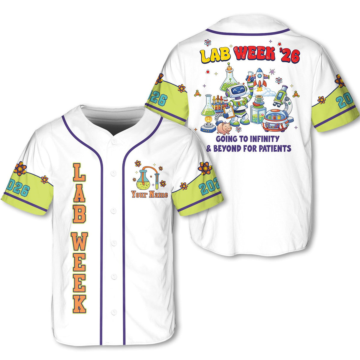 White lab week baseball jersey with custom name and science graphics