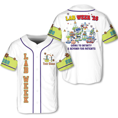 White lab week baseball jersey with custom name and science graphics