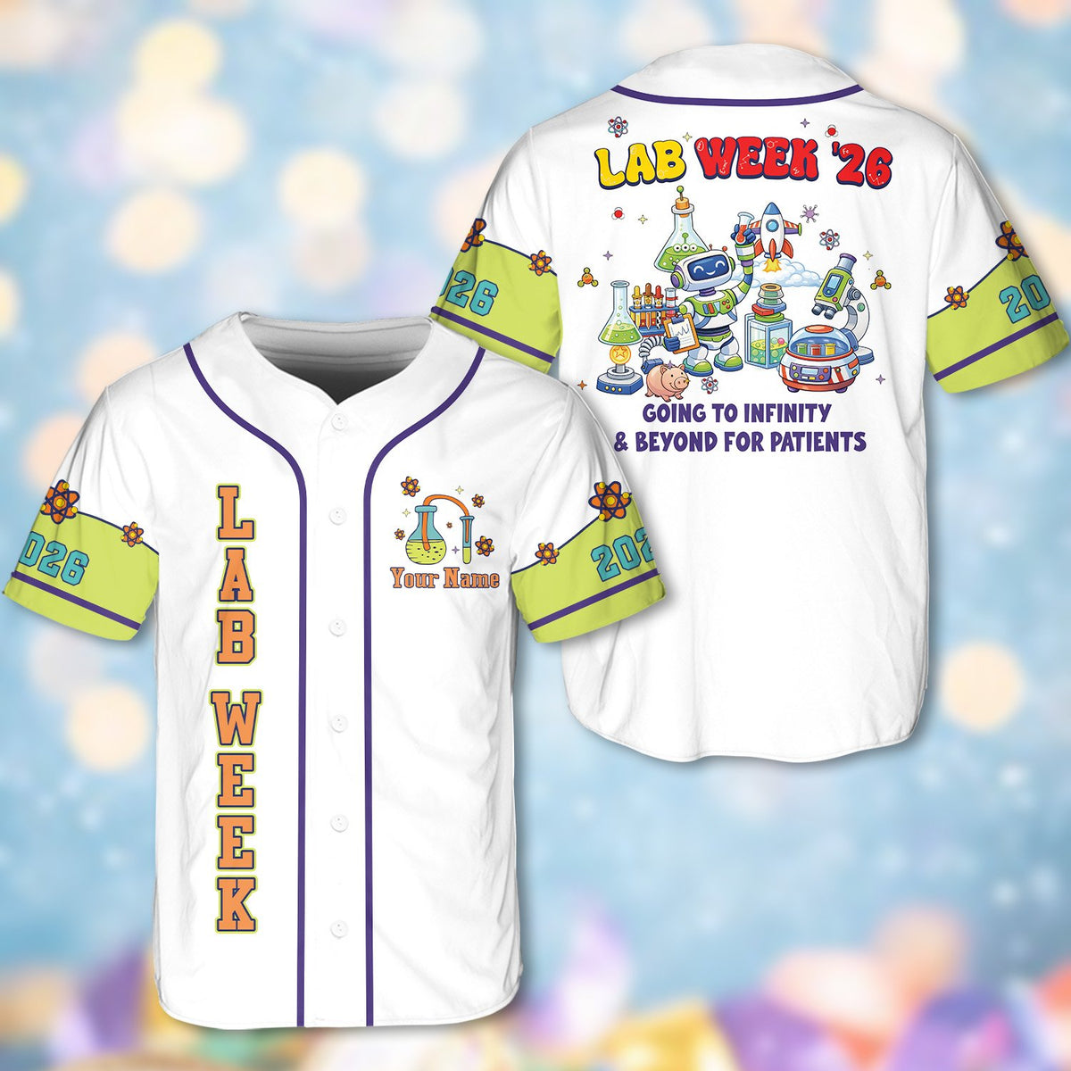 White baseball jersey with name and space theme print on front