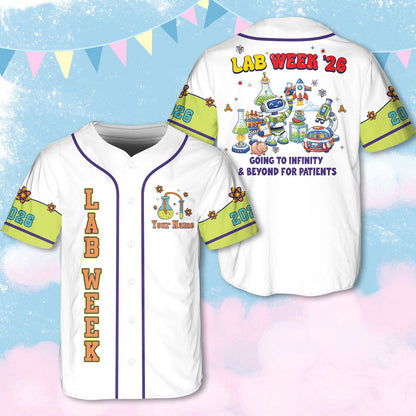 White personalized baseball jersey showing lab week design details