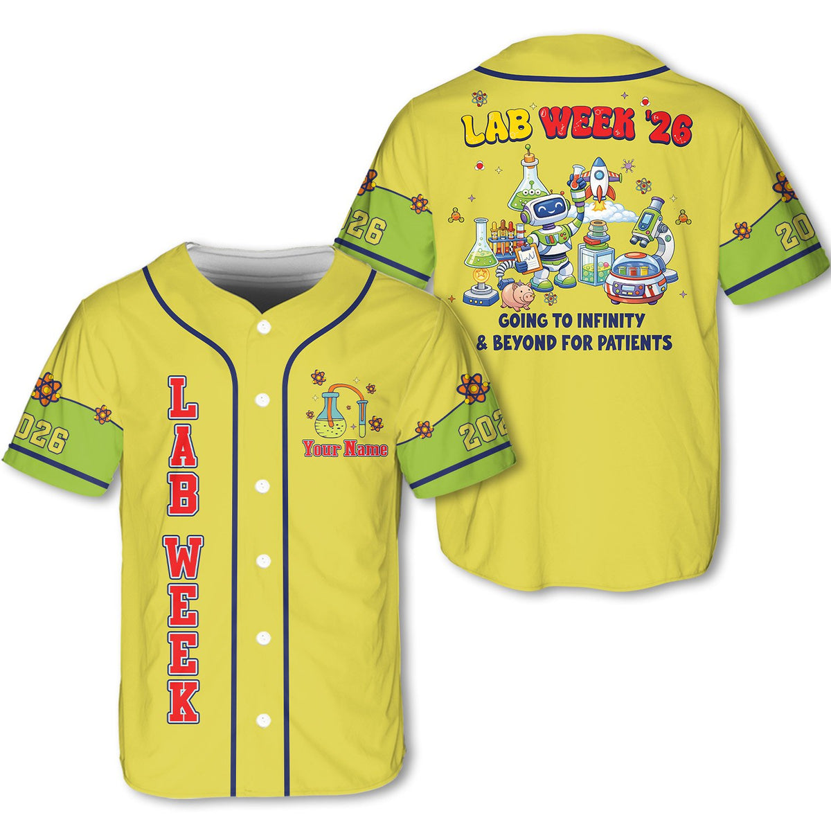 Yellow lab week baseball jersey featuring space theme and custom name on front