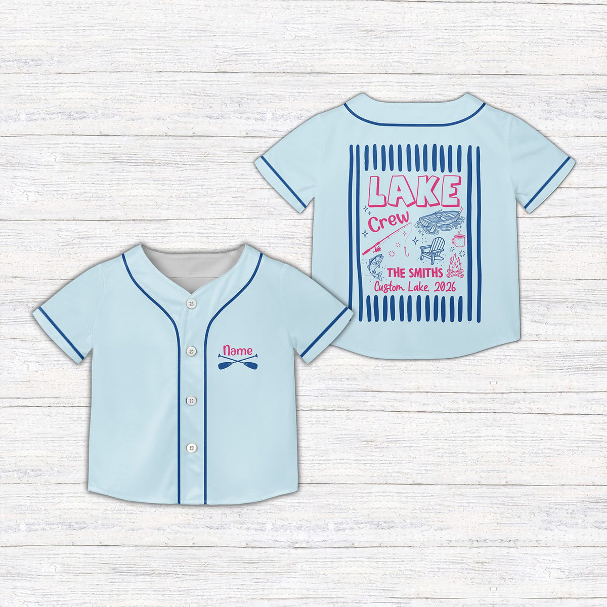 Personalized lake baseball jersey in blue with custom text, front view