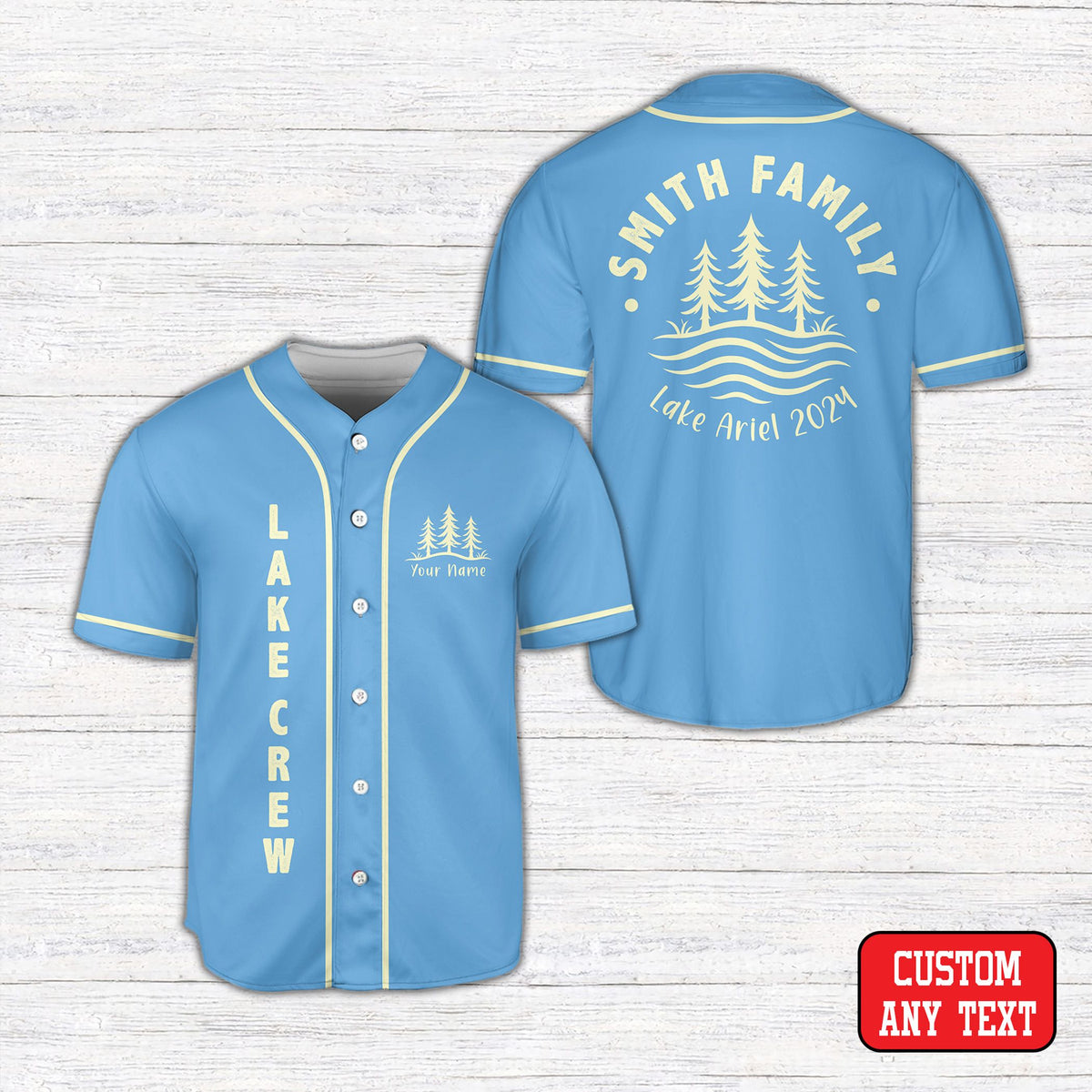 Personalized blue lake family vacation baseball jersey front view