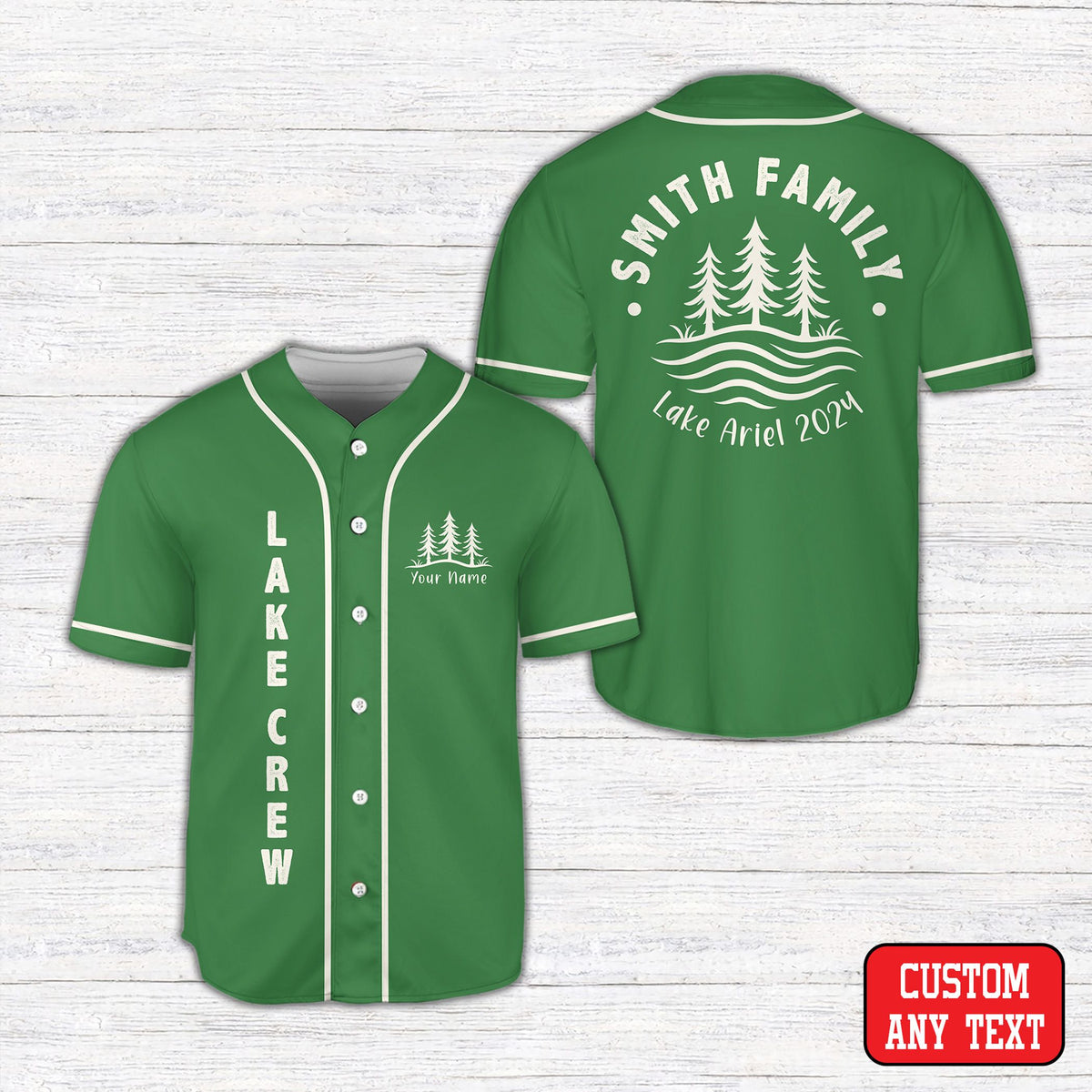 Personalized green lake family vacation baseball jersey front view