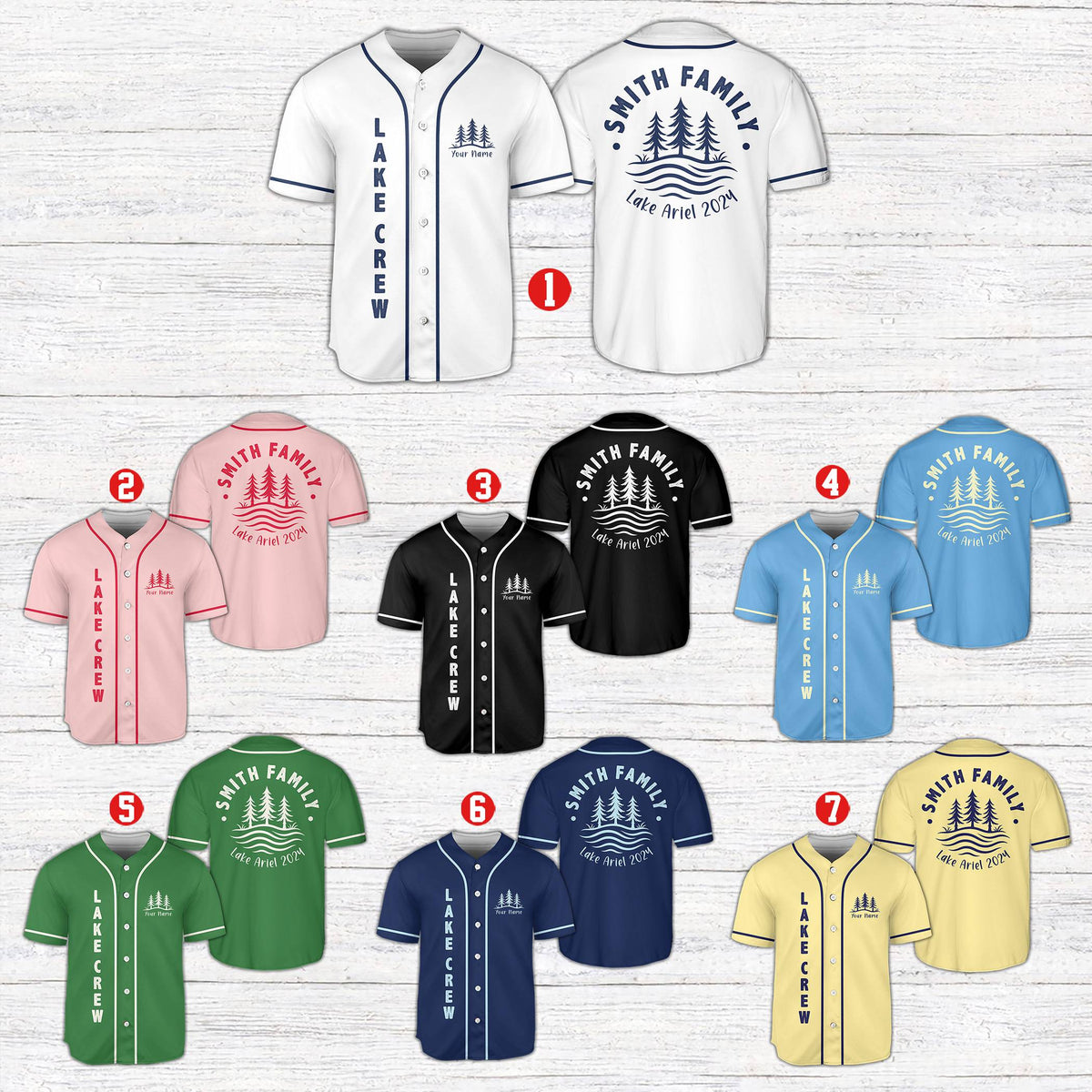 Personalized multicolor lake family vacation baseball jersey front view