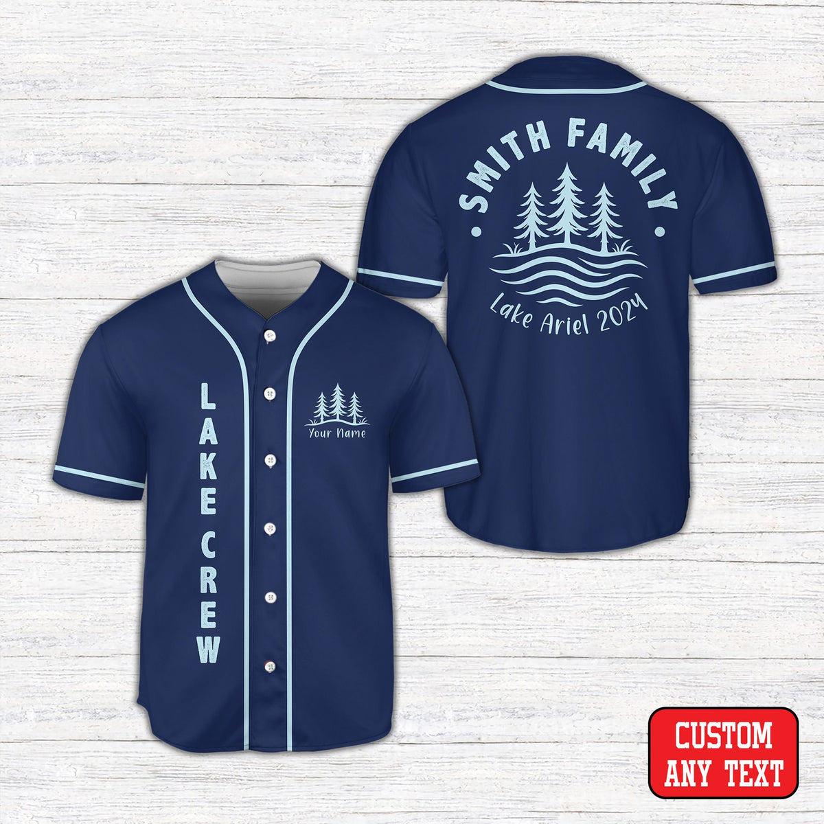 Personalized navy lake family vacation baseball jersey front view