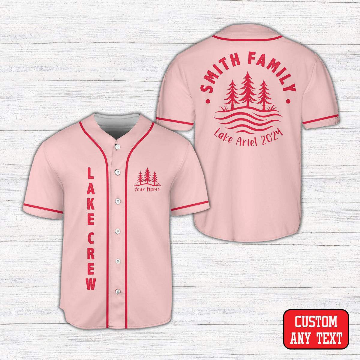 Personalized pink lake family vacation baseball jersey front view