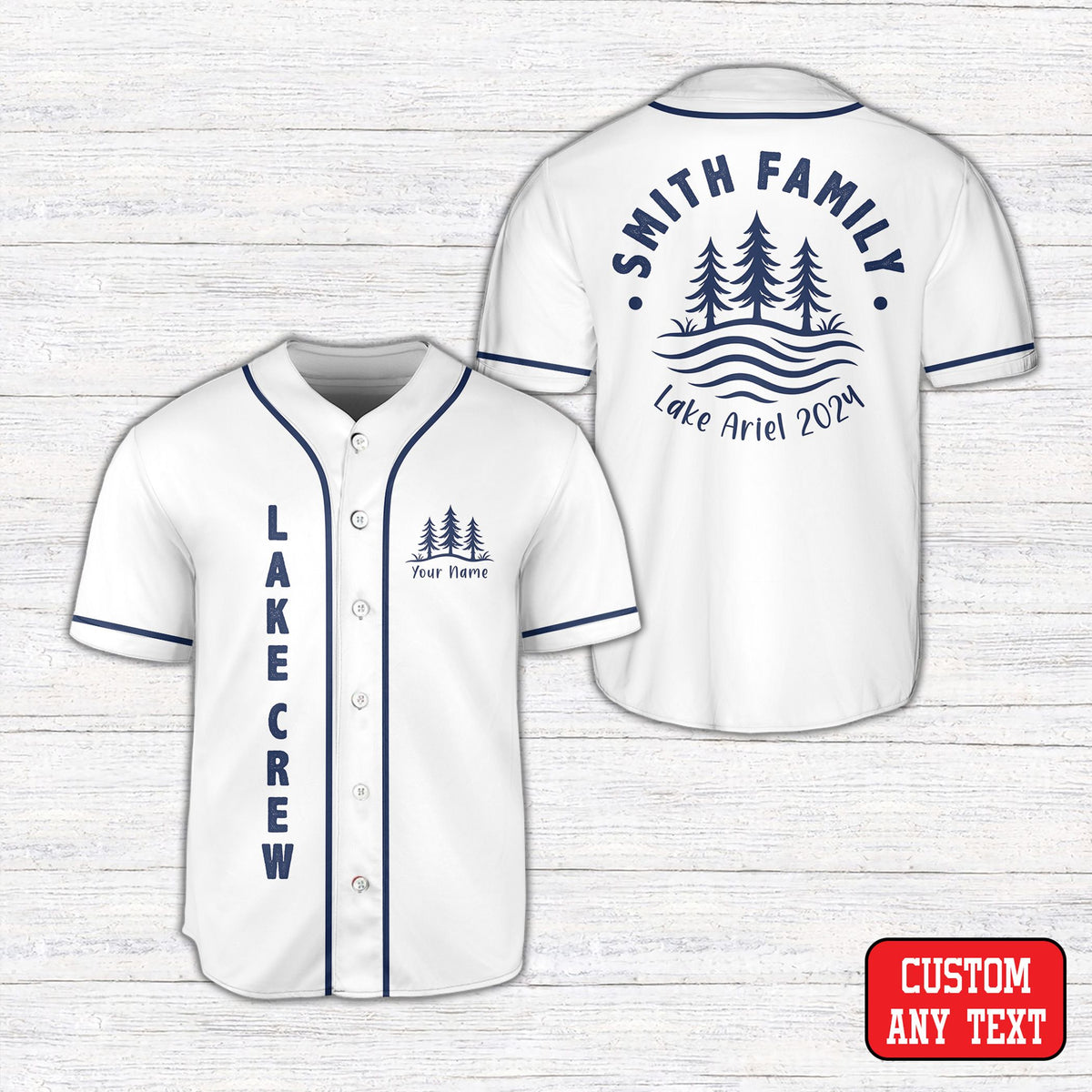 Personalized white lake family vacation baseball jersey with custom text front view