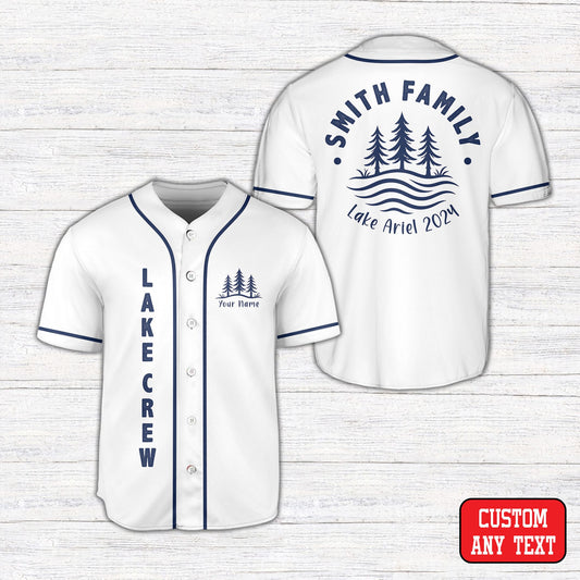 Personalized white lake family vacation baseball jersey with custom text front view