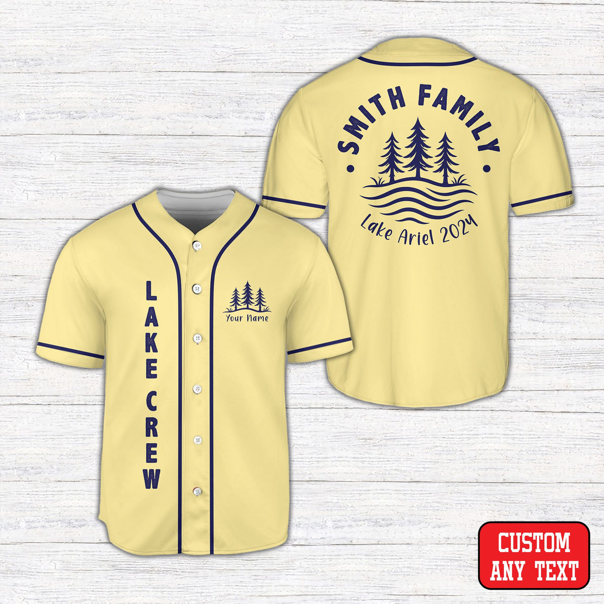 Personalized yellow lake family vacation baseball jersey front view