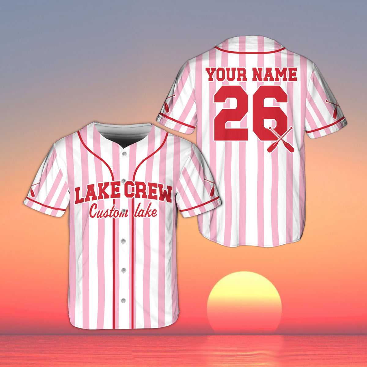 Front view of personalized baseball jersey with lake crew design