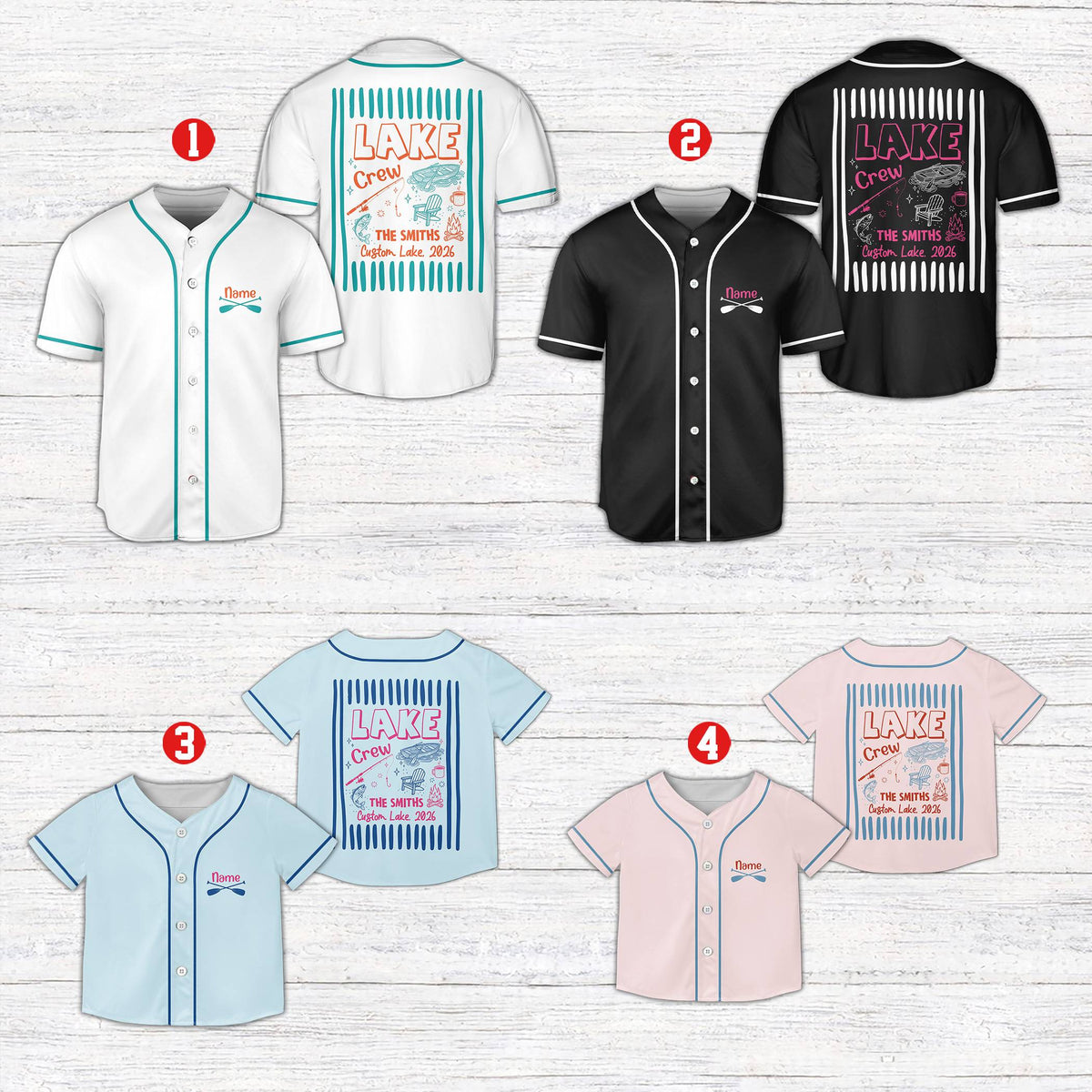 Personalized lake baseball jersey in multicolor with custom text, front view