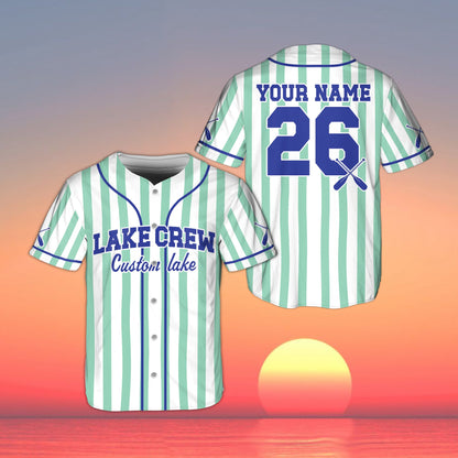 Close-up of the front design on the striped lake baseball jersey