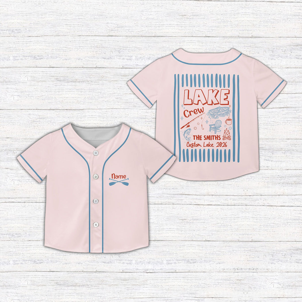 Personalized lake baseball jersey in pink with custom text, front view