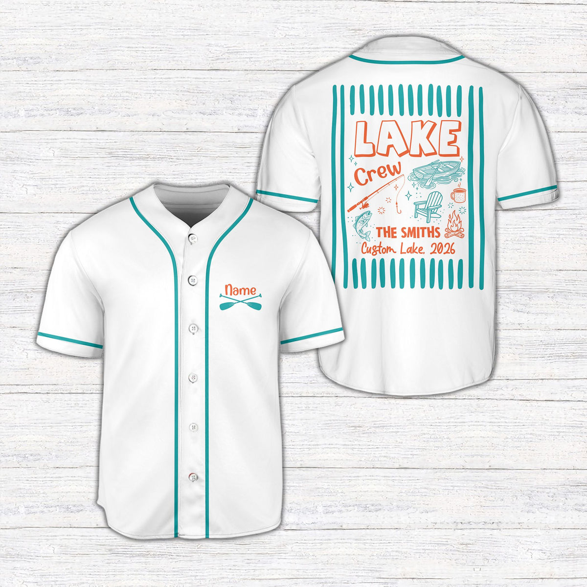 Personalized lake baseball jersey in white with custom text, main view
