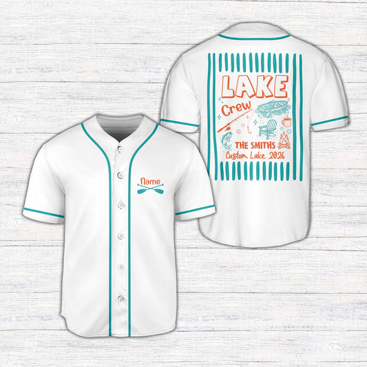 Personalized lake baseball jersey in white with custom text, main view