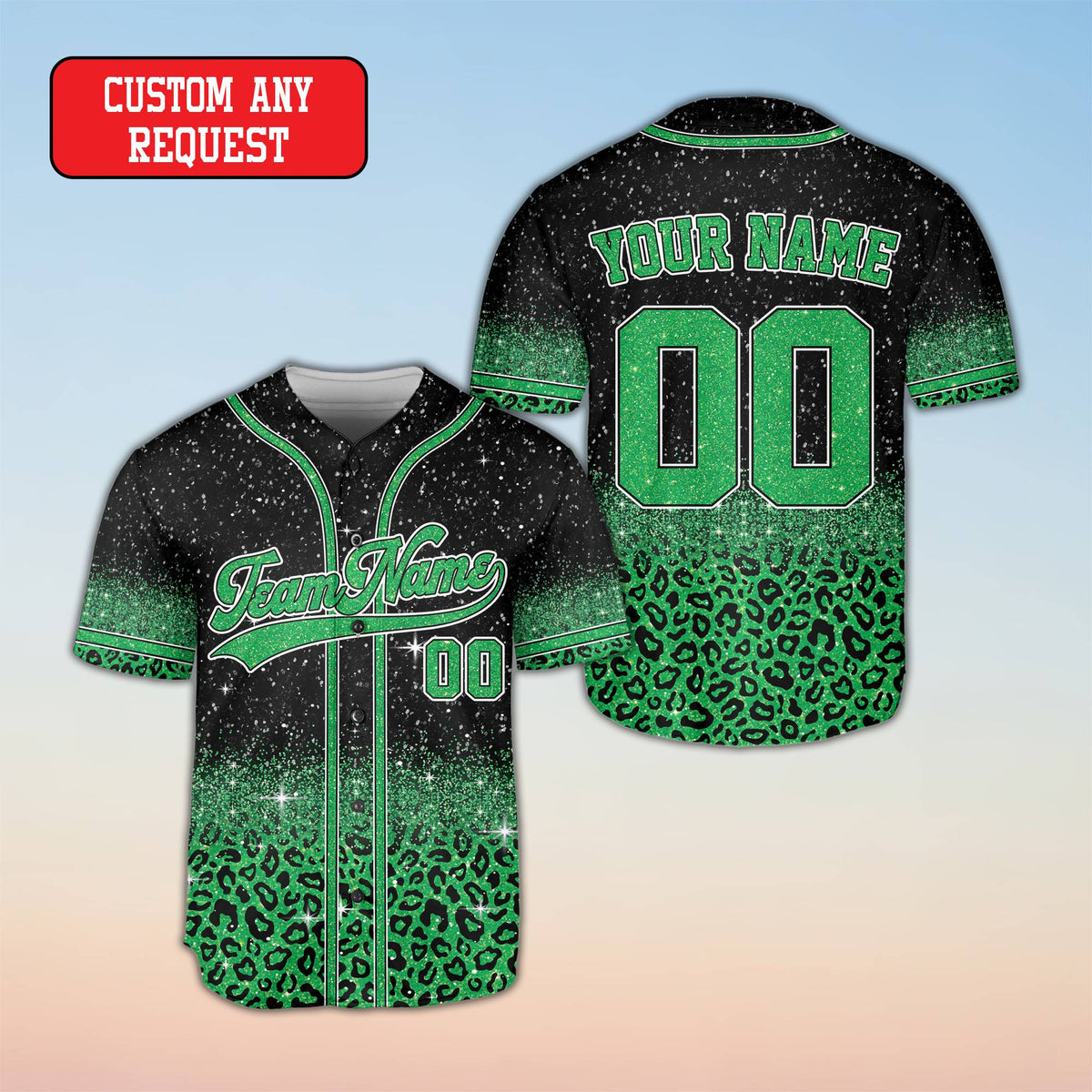 Front view of the custom black leopard baseball jersey