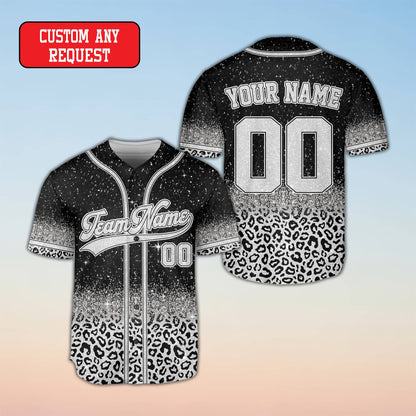 Close up front view of the leopard print baseball jersey