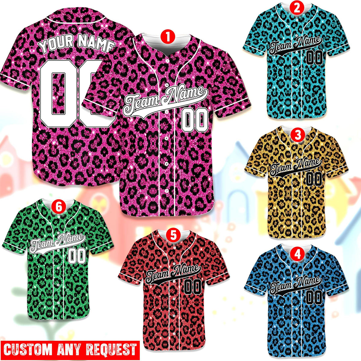 Detailed front view showing the faux glitter leopard print pattern on the baseball jersey