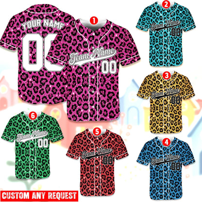 Detailed front view showing the faux glitter leopard print pattern on the baseball jersey