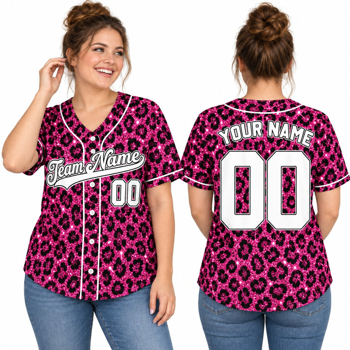 Personalized pink leopard baseball jersey featuring custom name and number, main view