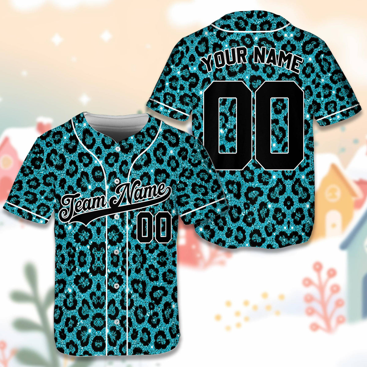 Close-up front view of the personalized baseball jersey leopard pattern