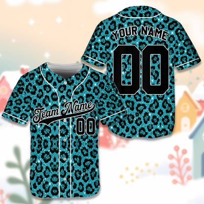 Close-up front view of the personalized baseball jersey leopard pattern