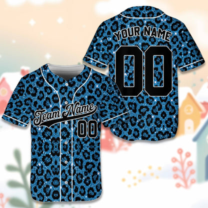Angled front view of the leopard print custom baseball jersey
