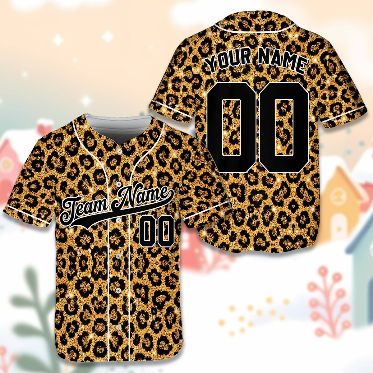 Detailed look at the button-down front of the pink leopard baseball jersey