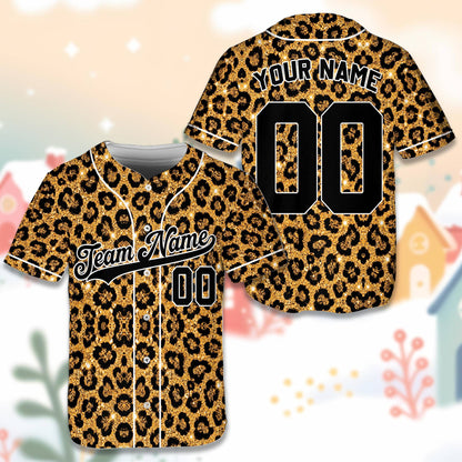 Detailed look at the button-down front of the pink leopard baseball jersey