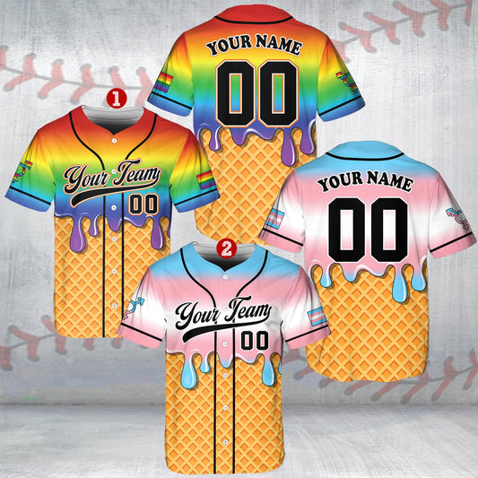 Personalized LGBTQ+ pride baseball jersey featuring a melting ice cream and waffle cone design, custom name and number, main view
