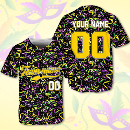 Front view of custom mardi gras baseball jersey with purple, green, and gold details