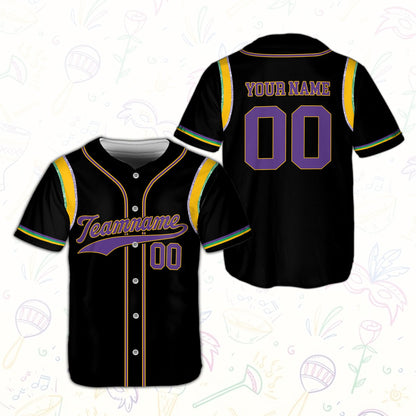 Black Mardi Gras themed personalized baseball jersey, front view