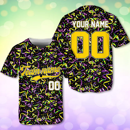 Black mardi gras baseball jersey front showcasing vibrant confetti and ribbons design