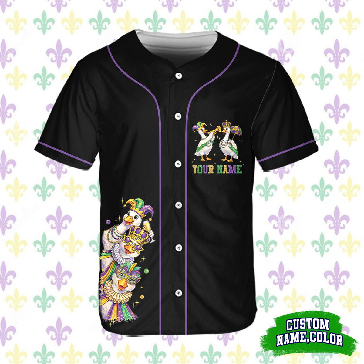 Detailed front view of the black mardi baseball jersey