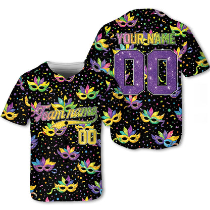 Front detail of black mardi gras baseball jersey
