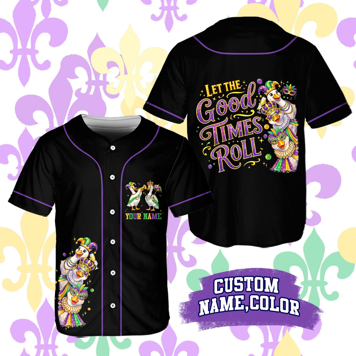 Front view of the black gras baseball jersey with Mardi Gras duck pattern