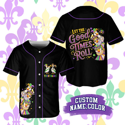 Front view of the black gras baseball jersey with Mardi Gras duck pattern