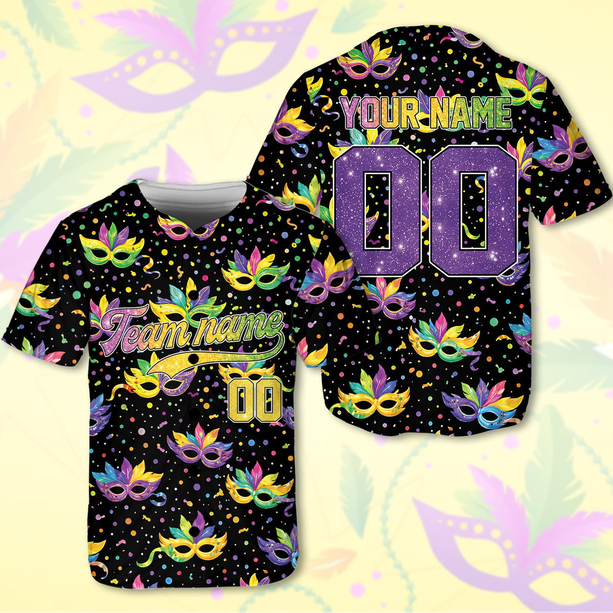 Front view of personalized black mardi gras baseball jersey featuring colorful masks and beads