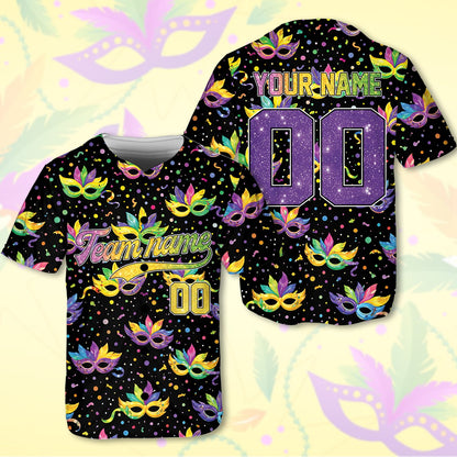 Front view of personalized black mardi gras baseball jersey featuring colorful masks and beads