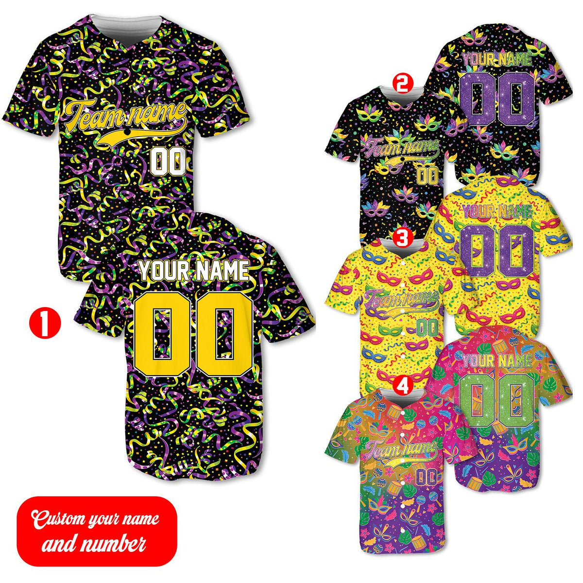 Mardi gras baseball jersey front showing traditional festive drums and maracas