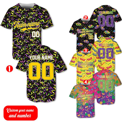 Mardi gras baseball jersey front showing traditional festive drums and maracas