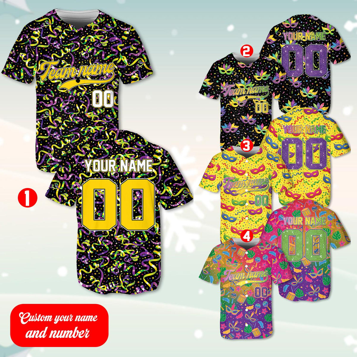 Festive holiday baseball jersey front design with mardi gras elements