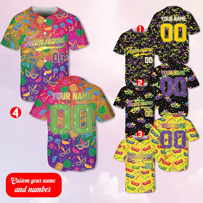 Adult mardi gras baseball jersey front with custom team name placement