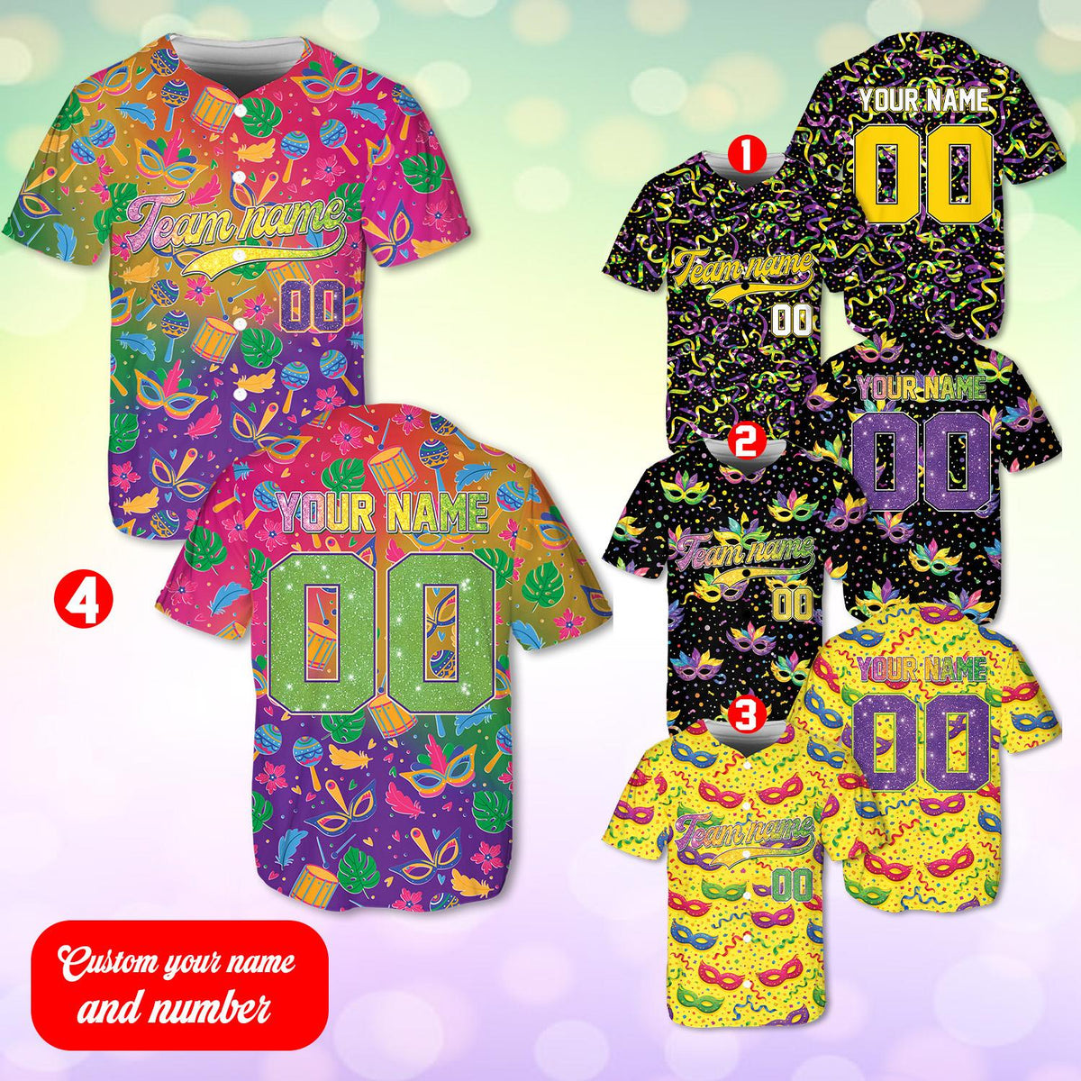 Vibrant personalized baseball jersey front with all-over mardi gras print