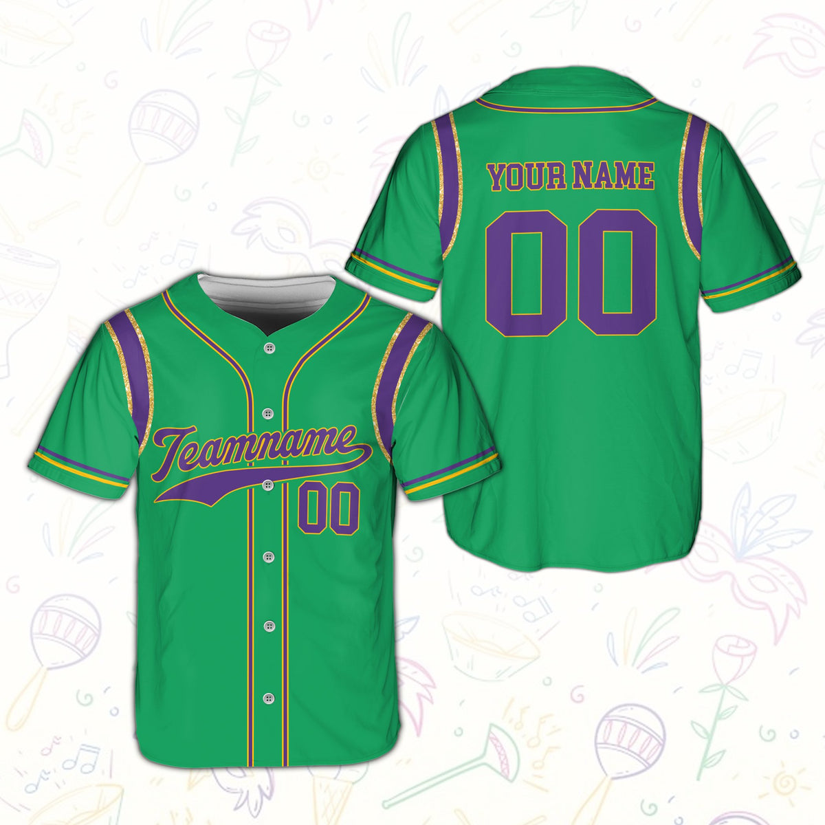 Green personalized baseball jersey featuring Mardi Gras elements, front view