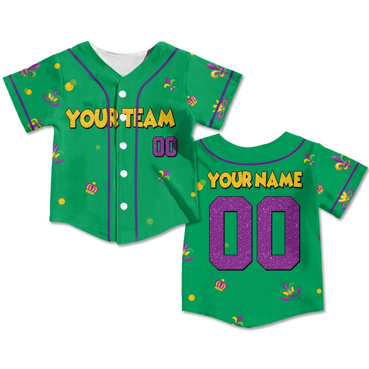 Personalized green mardi baseball jersey with custom name and number, front view